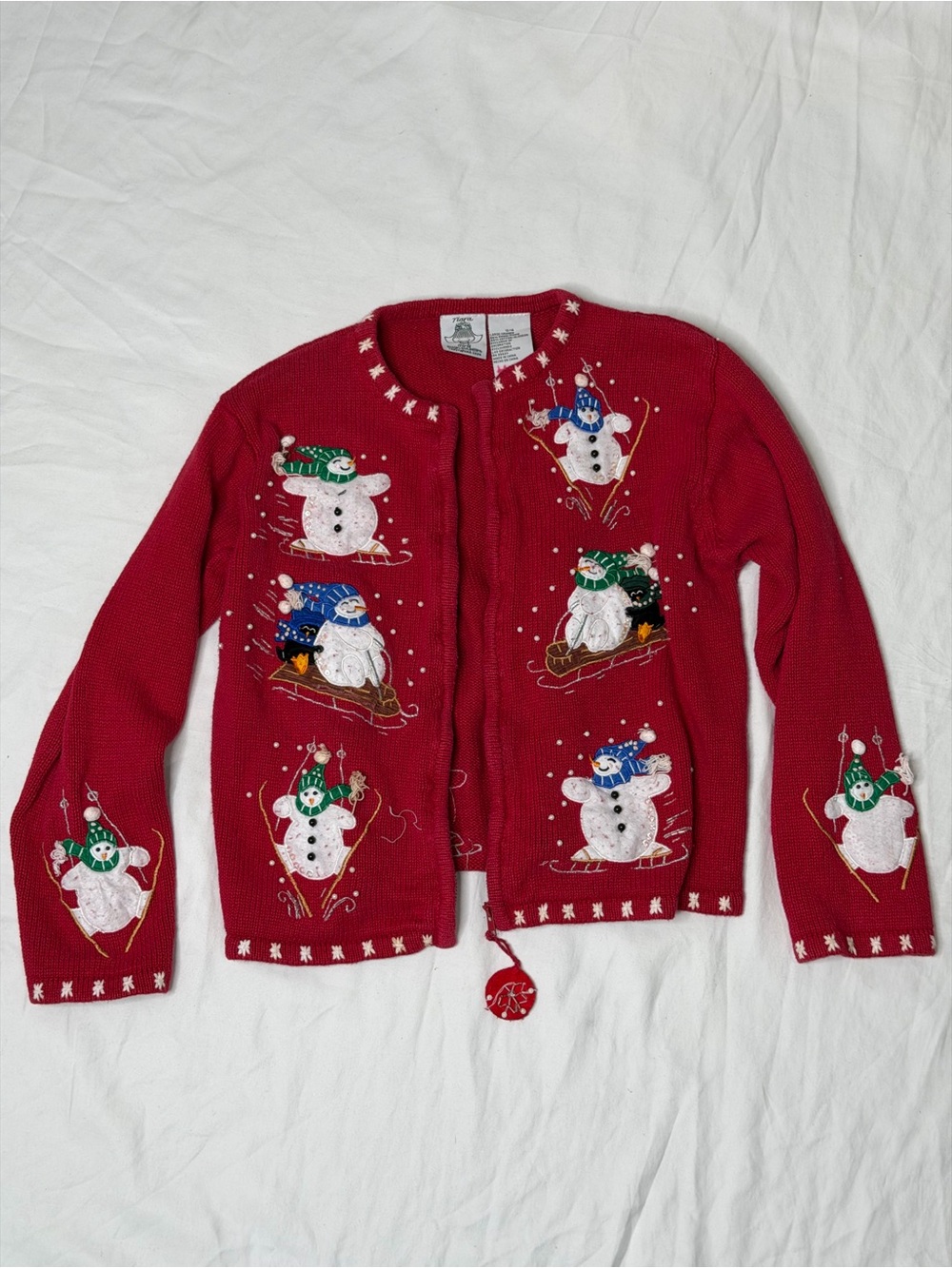 Tiara Girls Christmas Sweater Embroidered Snowmen Vintage Cardigan Size 12/14 L